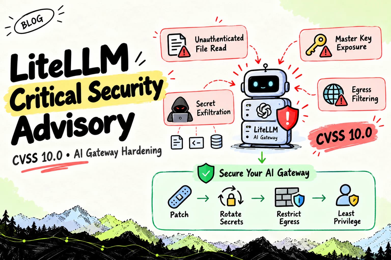 LiteLLM Critical Security Advisory (CVSS 10.0): Unauthenticated File Read, Master Key Exposure, and Enterprise AI Gateway Hardening — Architectural Infographic and Systems Diagram